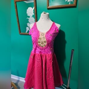 Handmade Hot Pink rhythm spandex dance dress with beading and stoning size 10/12